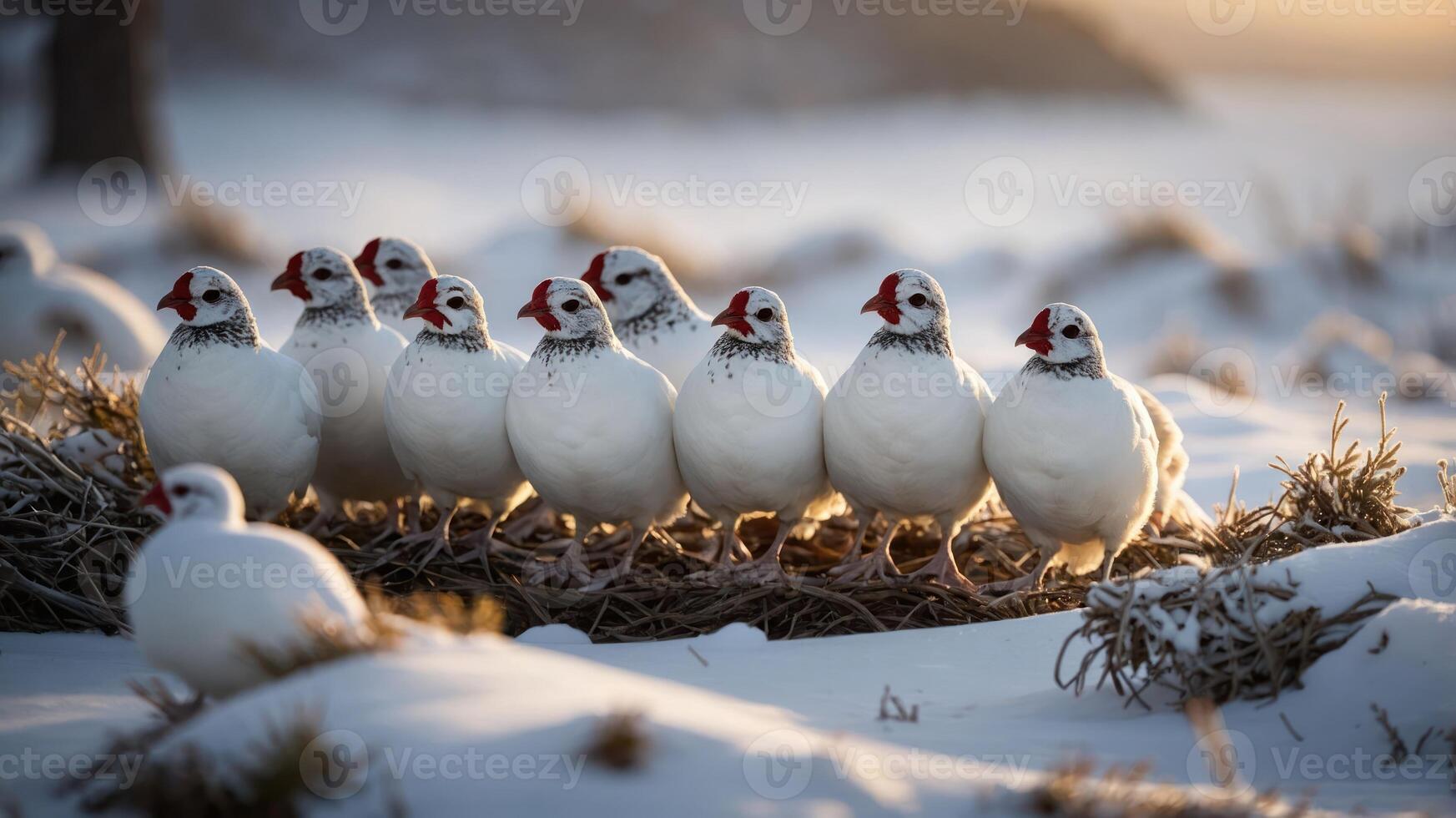 Group of white birds standing in snow, showcasing winter landscape with soft sunlight photo
