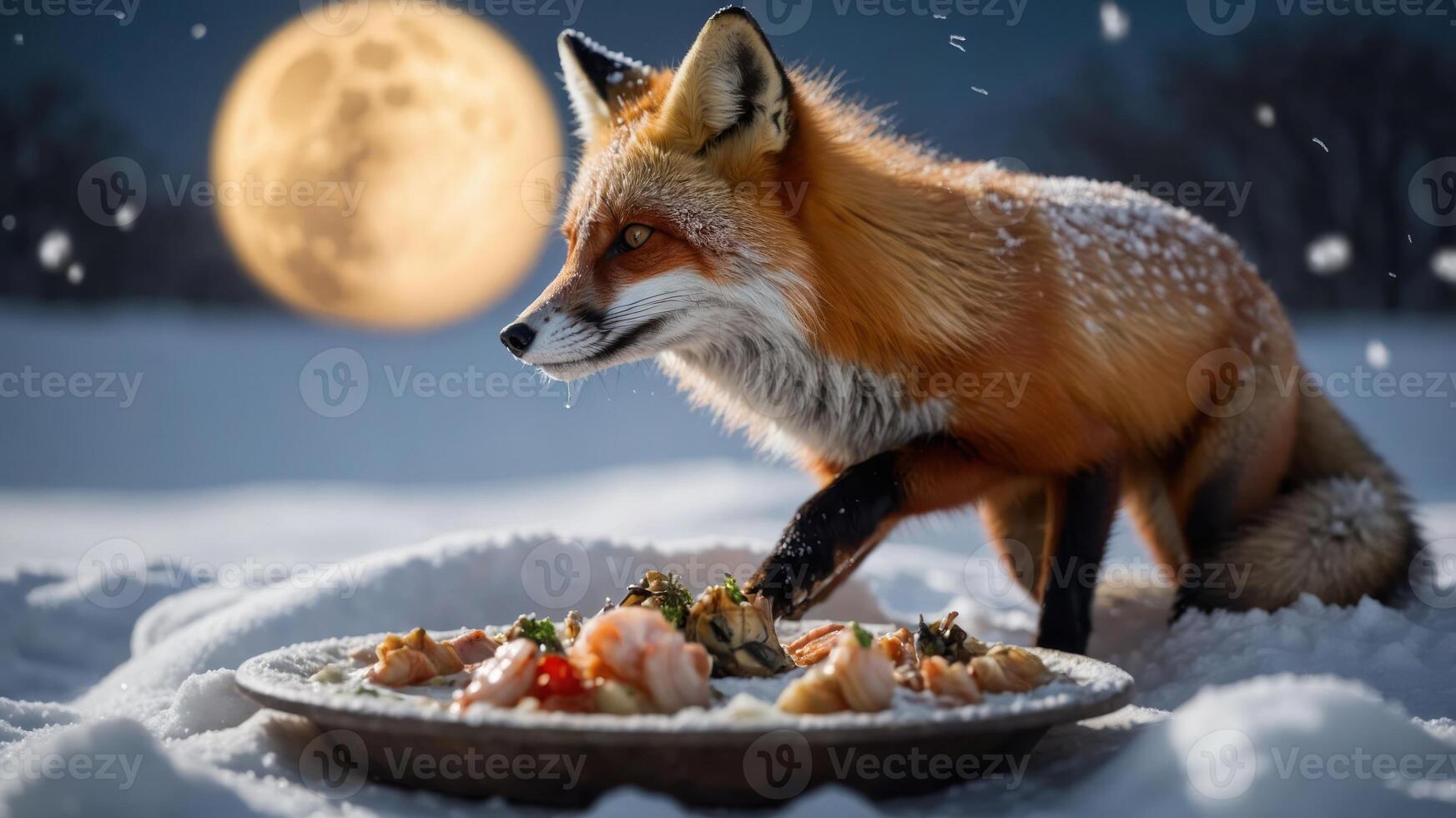 A red fox delicately steps towards a plate of seafood under a full moon in a snowy landscape photo