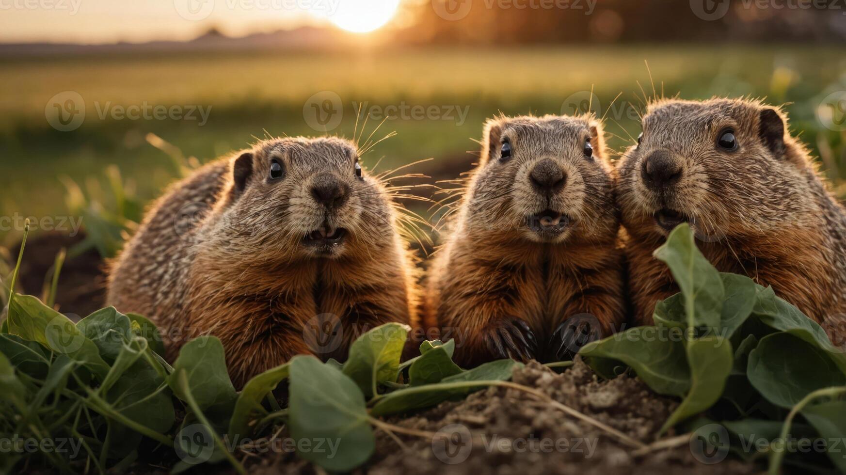 Three groundhogs sitting on a patch of soil surrounded by greenery at sunset, enjoying the evening photo