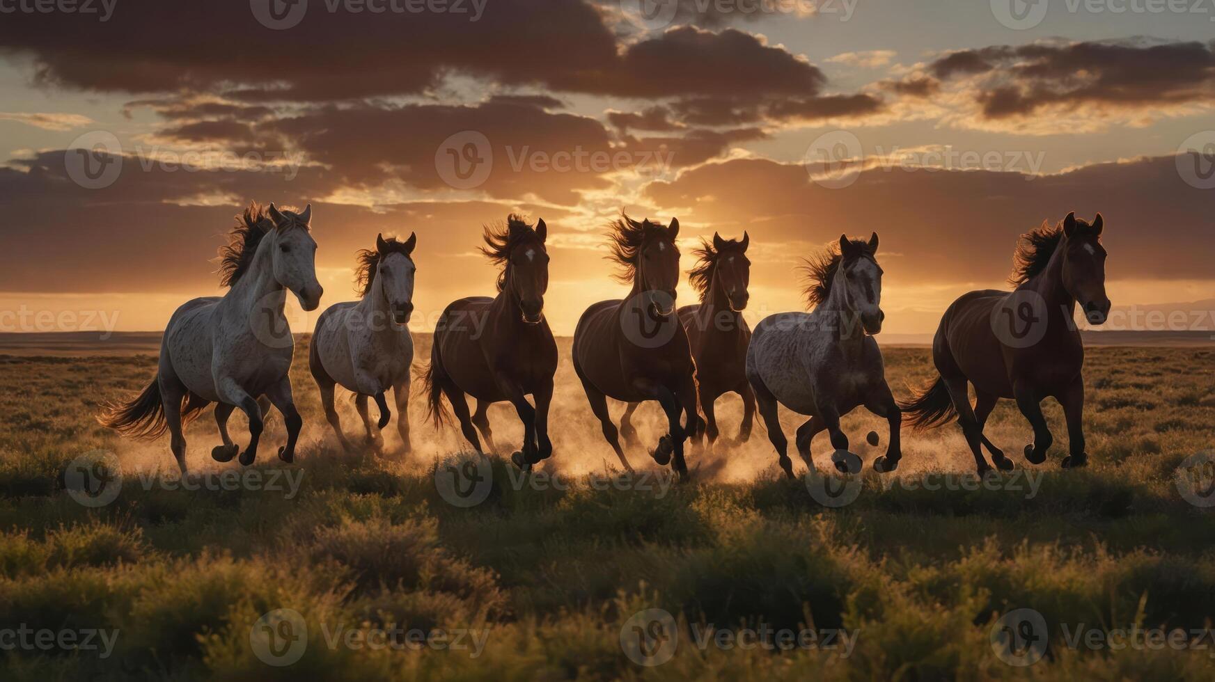 A group of seven horses galloping across a grassy field at sunset, creating a dynamic scene photo