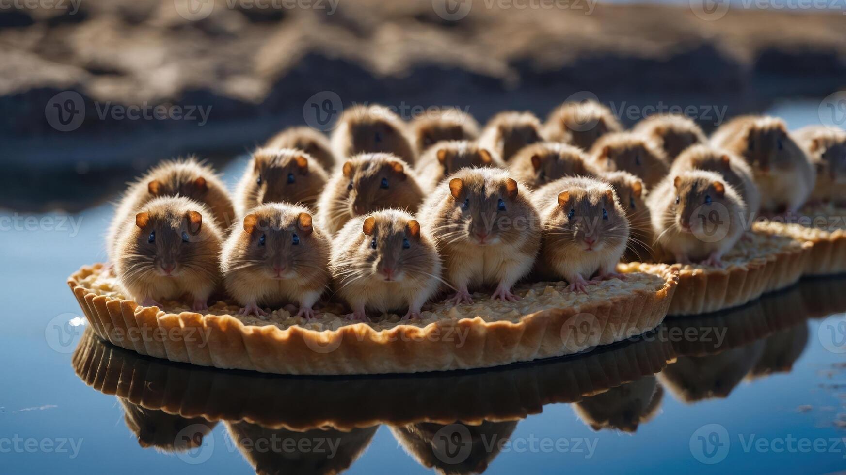 A whimsical scene featuring multiple small animals resembling hamsters on a pie crust floating on water photo