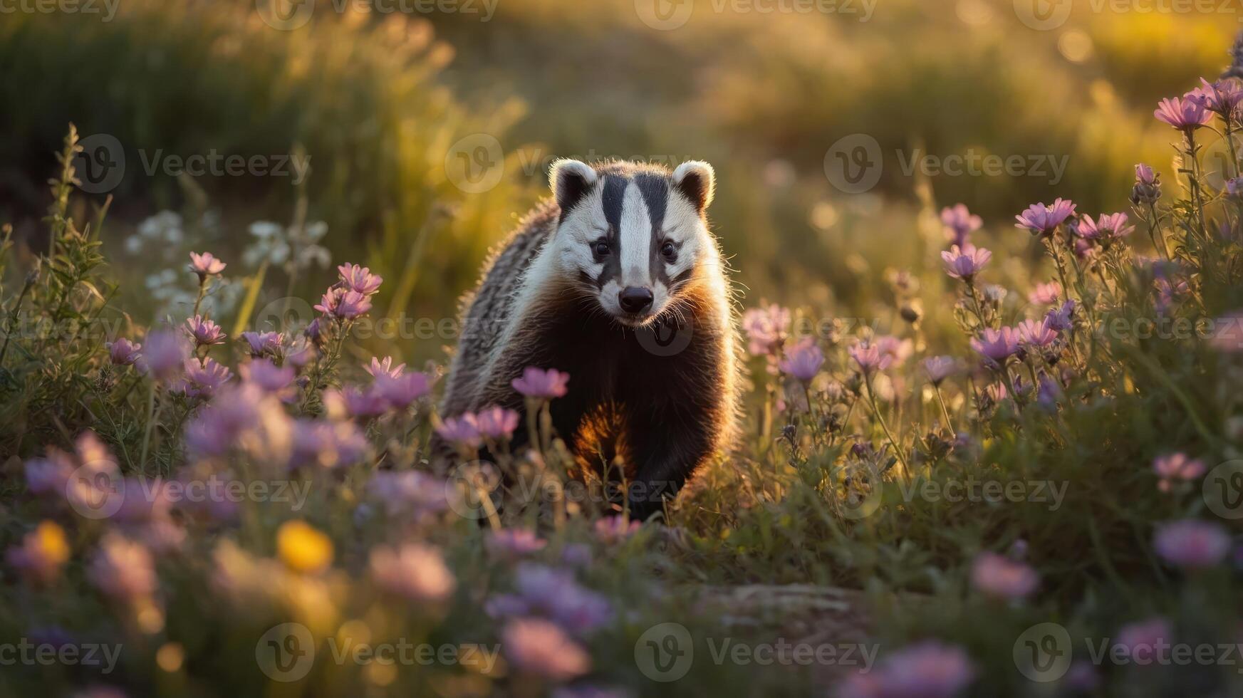 Badger walking through a vibrant flower field at sunset, capturing nature's beauty and tranquility photo