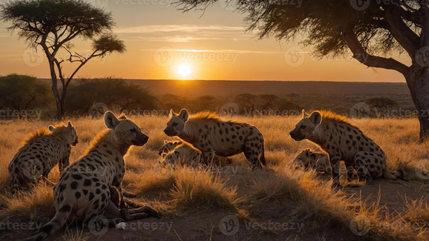 A group of hyenas resting in the golden savannah grass during a stunning sunset, showcasing their social behavior photo