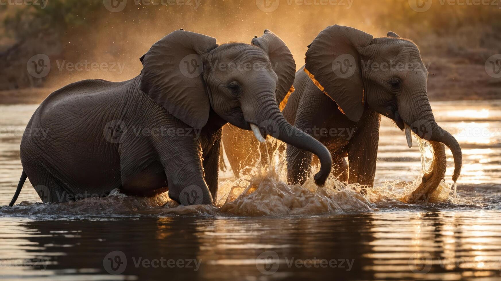 Two elephants playfully splash in a serene waterhole at sunset, creating a lively atmosphere photo