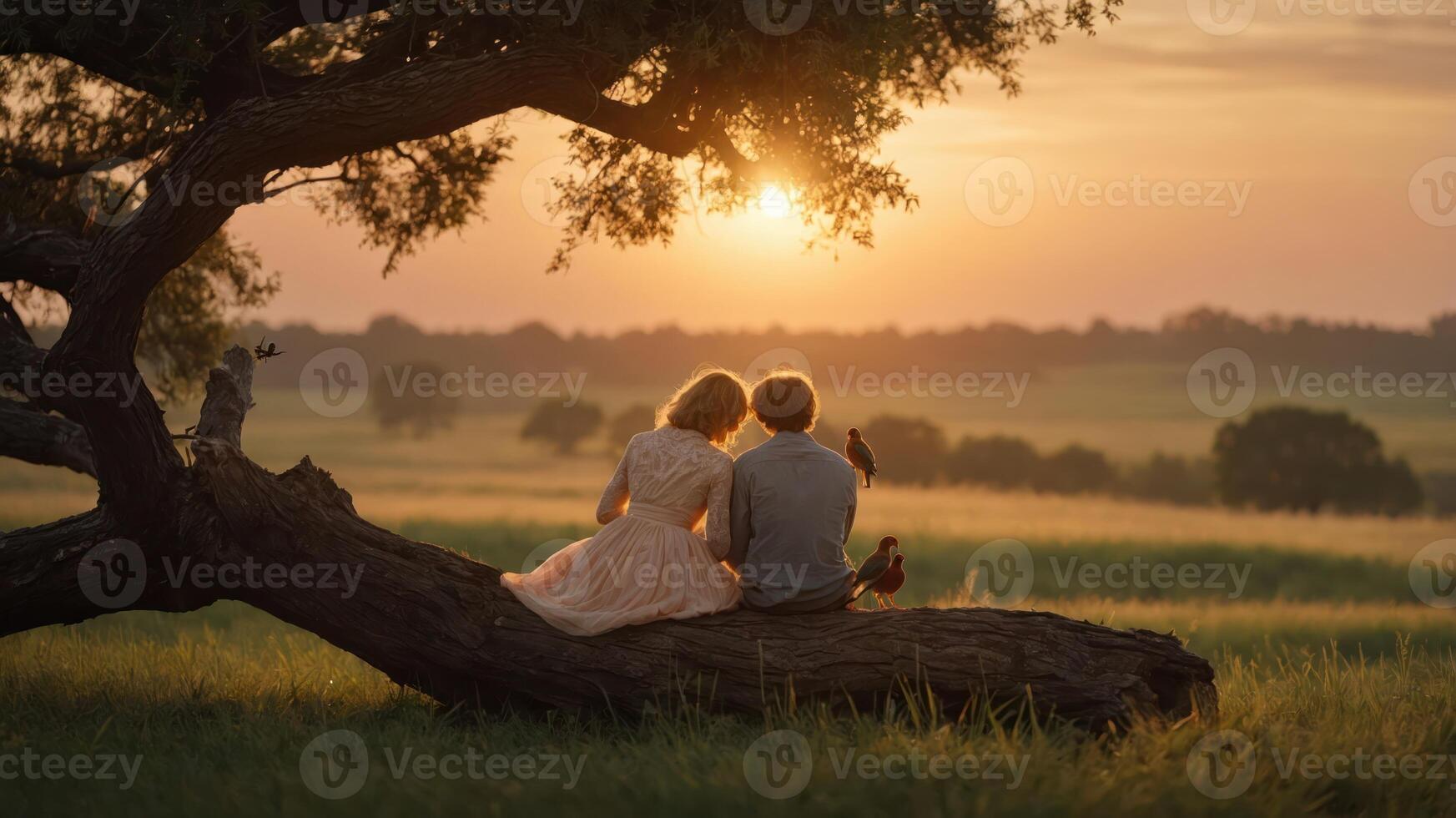 Couple sitting on a tree trunk during sunset, enjoying nature and each other's company photo