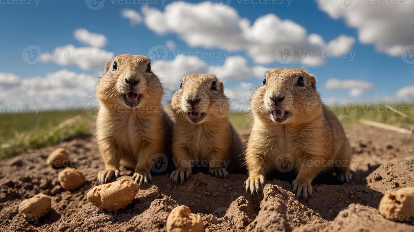 Three prairie dogs vocalizing in a sunny meadow under a blue sky with fluffy clouds photo
