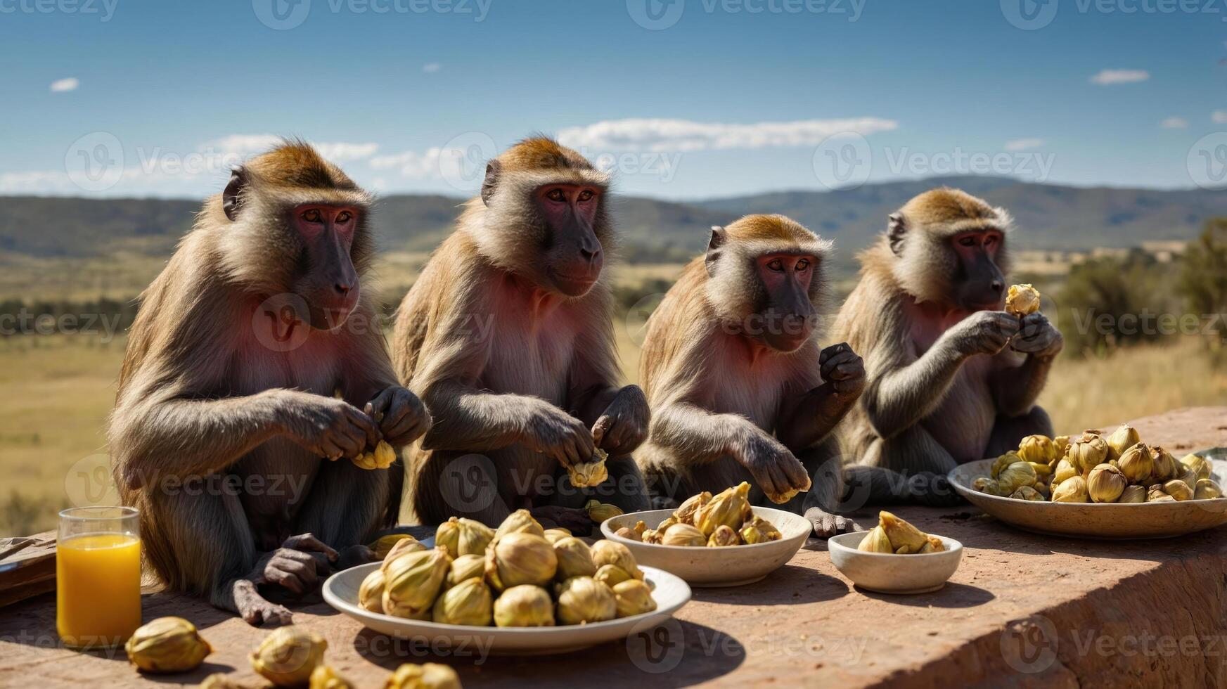 Four baboons sitting together enjoying a meal of fruits, with a scenic landscape in the background photo