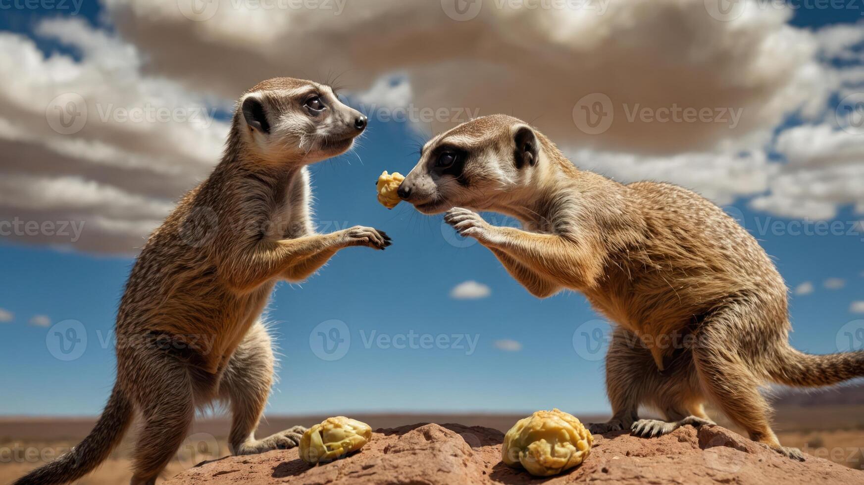 Two meerkats interacting playfully while sharing food against a scenic desert backdrop photo