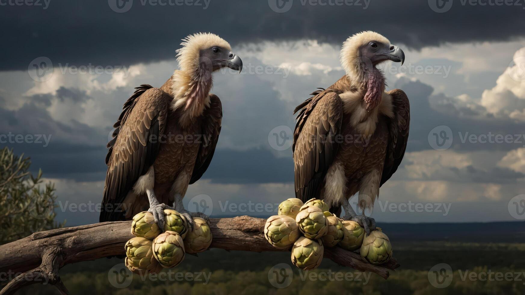 Two vultures perched on a branch with artichokes, under a dramatic stormy sky in the background photo