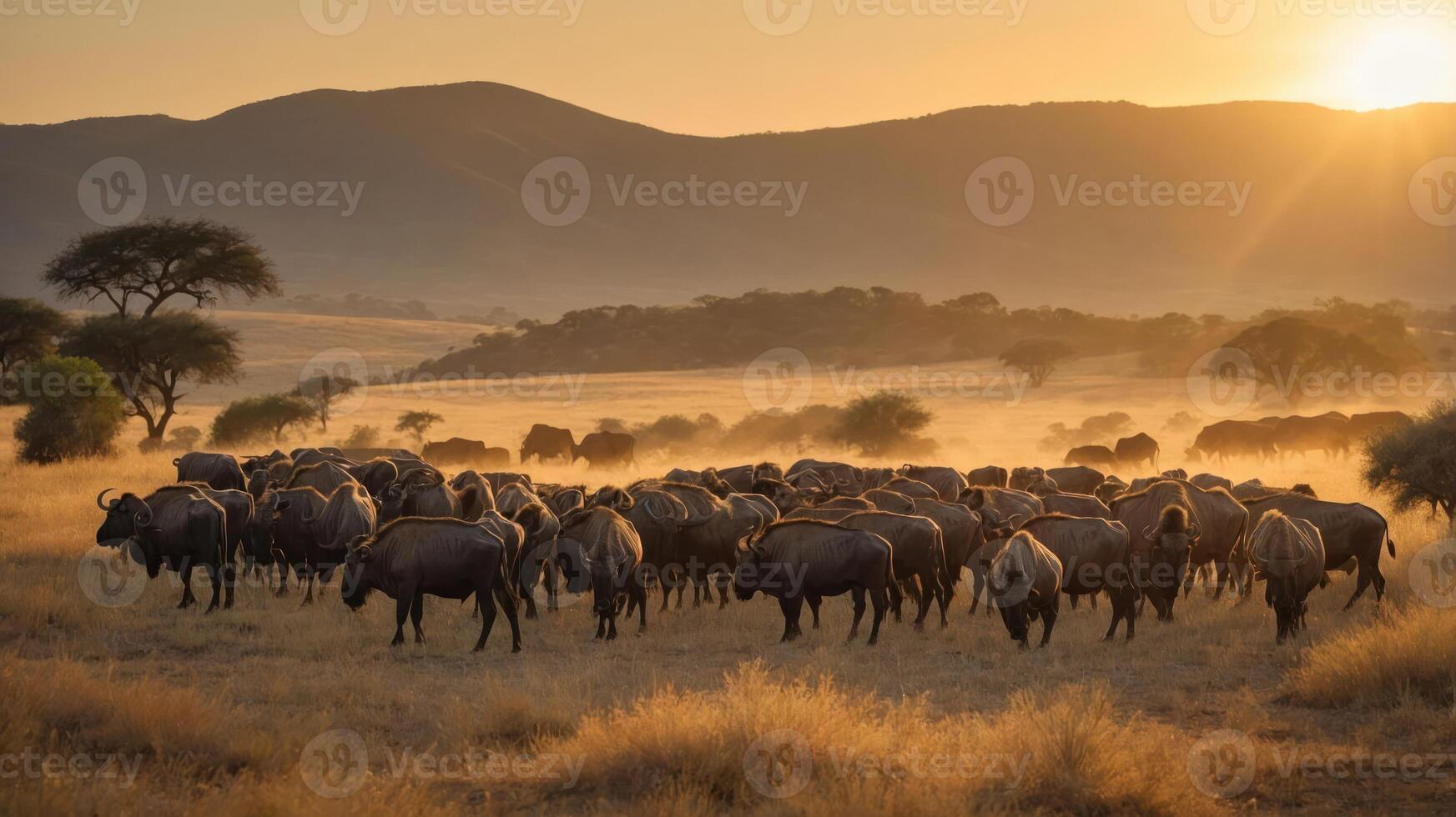 Herd of buffalo grazing in golden sunset light on a serene landscape with distant hills photo