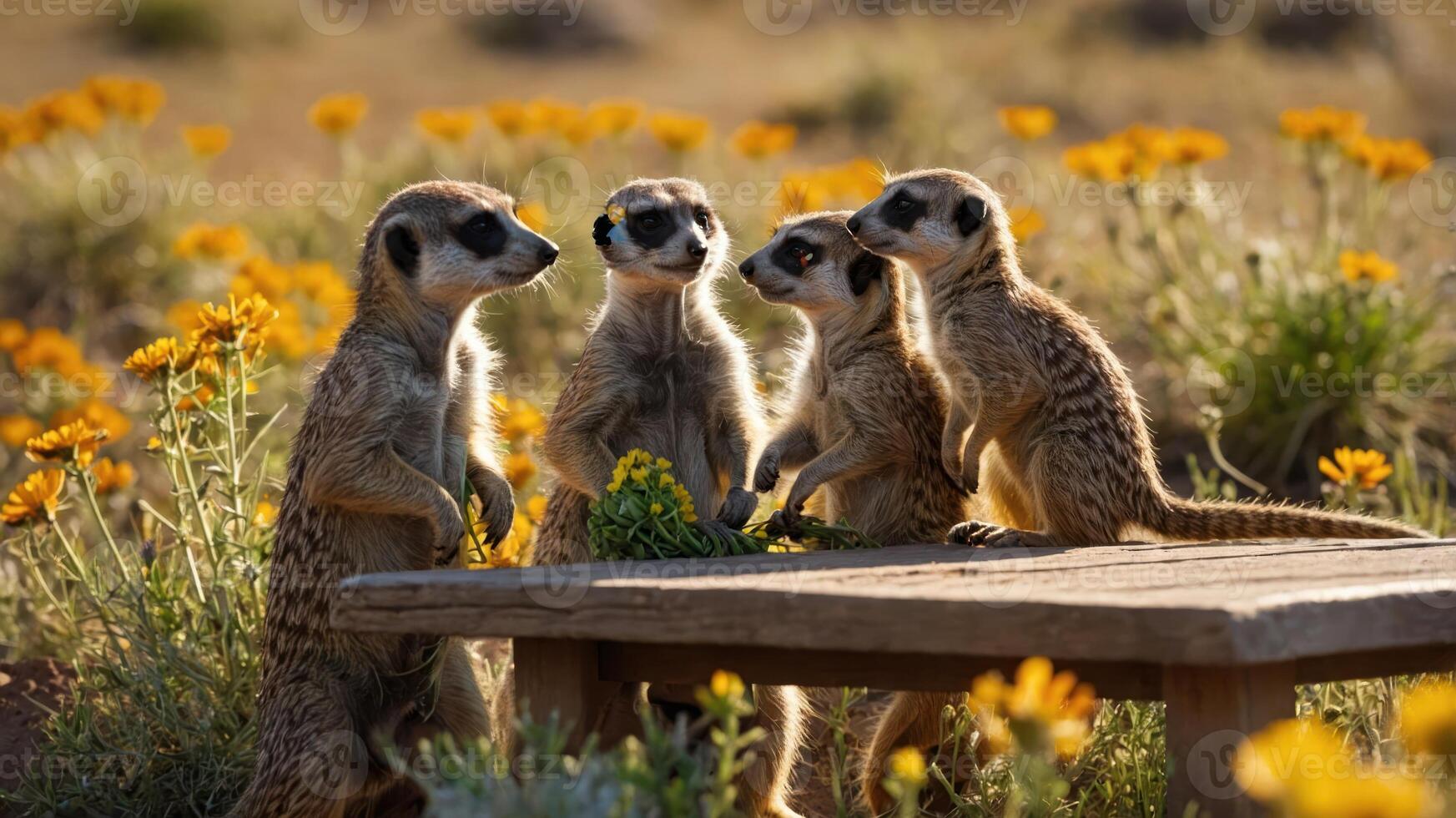 Four meerkats gathered around a wooden table in a vibrant flower-filled landscape photo