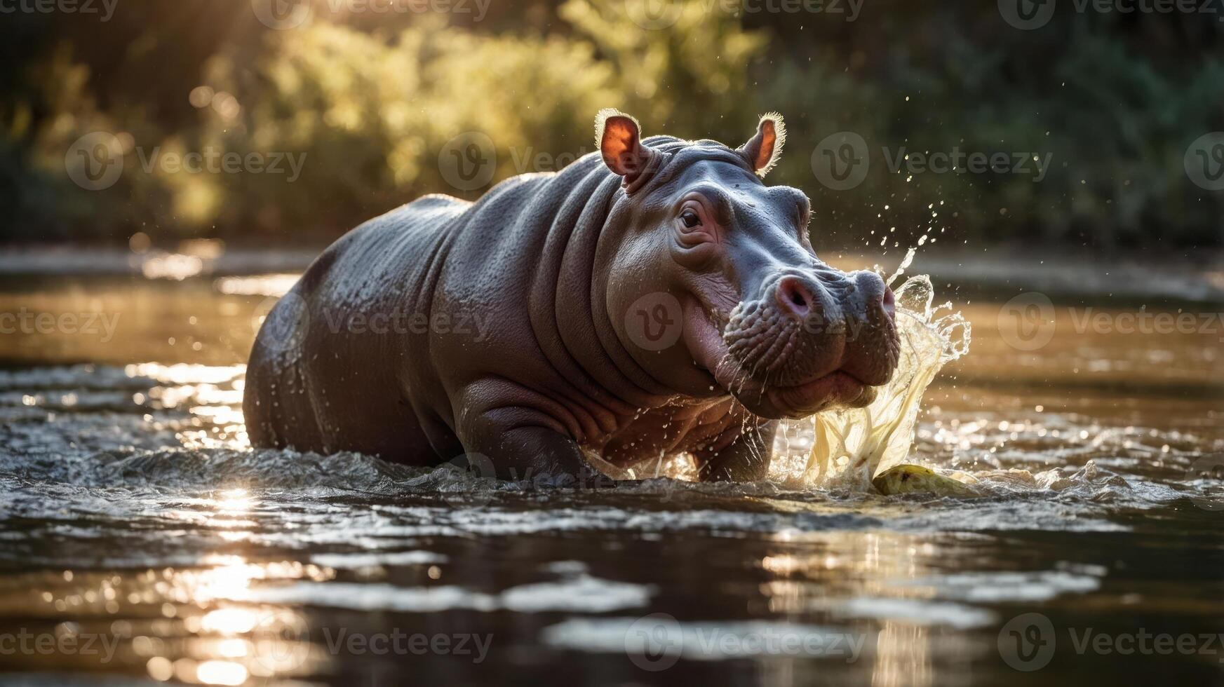 A hippo splashes playfully in a serene river at sunset, surrounded by lush greenery and wildlife photo