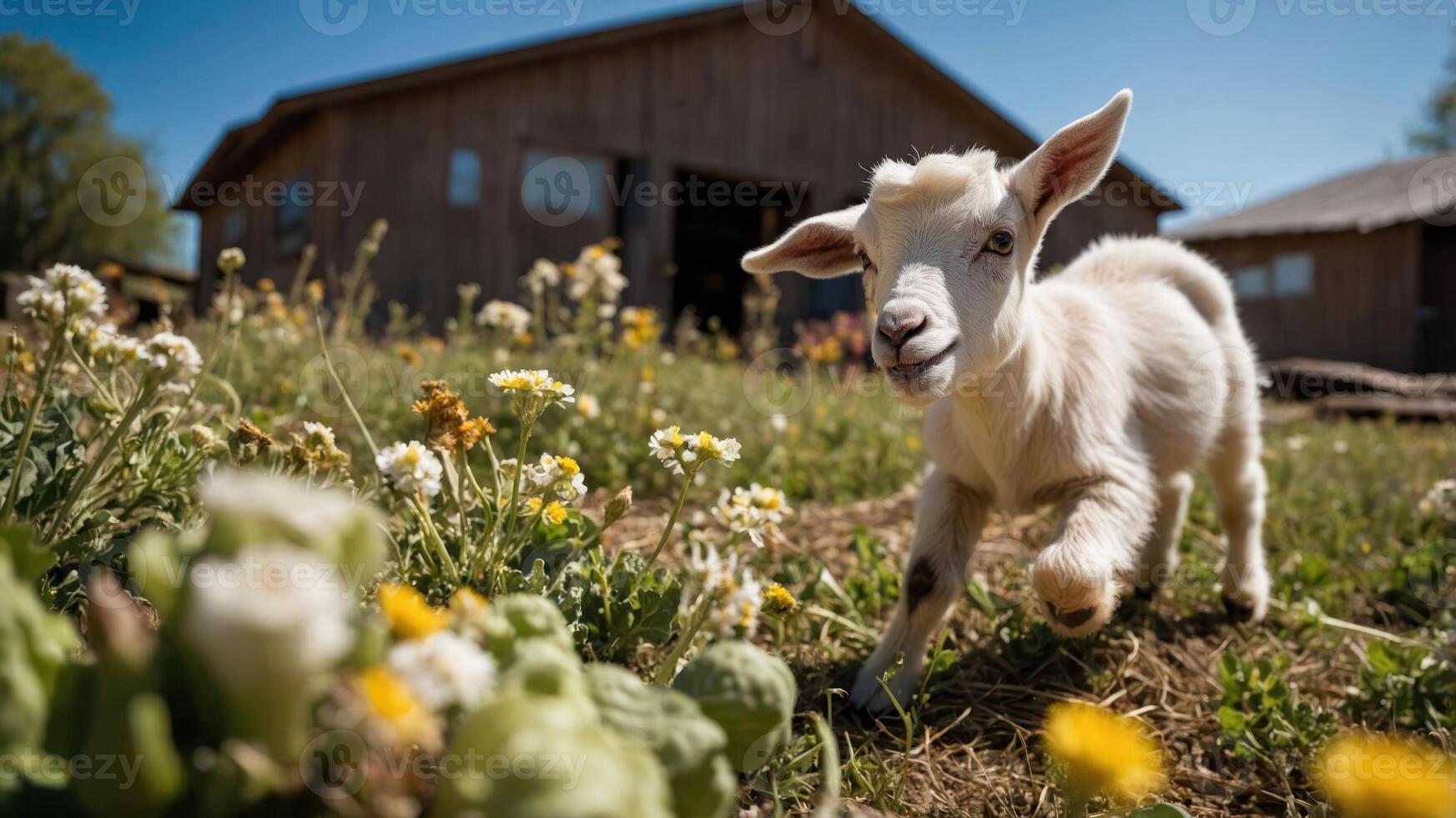 Playful goat running through a vibrant flower-filled field near a rustic barn under a clear sky photo