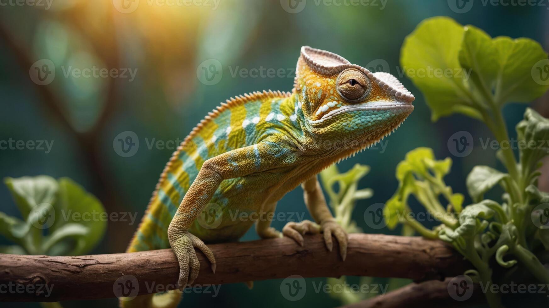 Colorful chameleon perched on a branch amidst lush greenery in a vibrant natural habitat photo