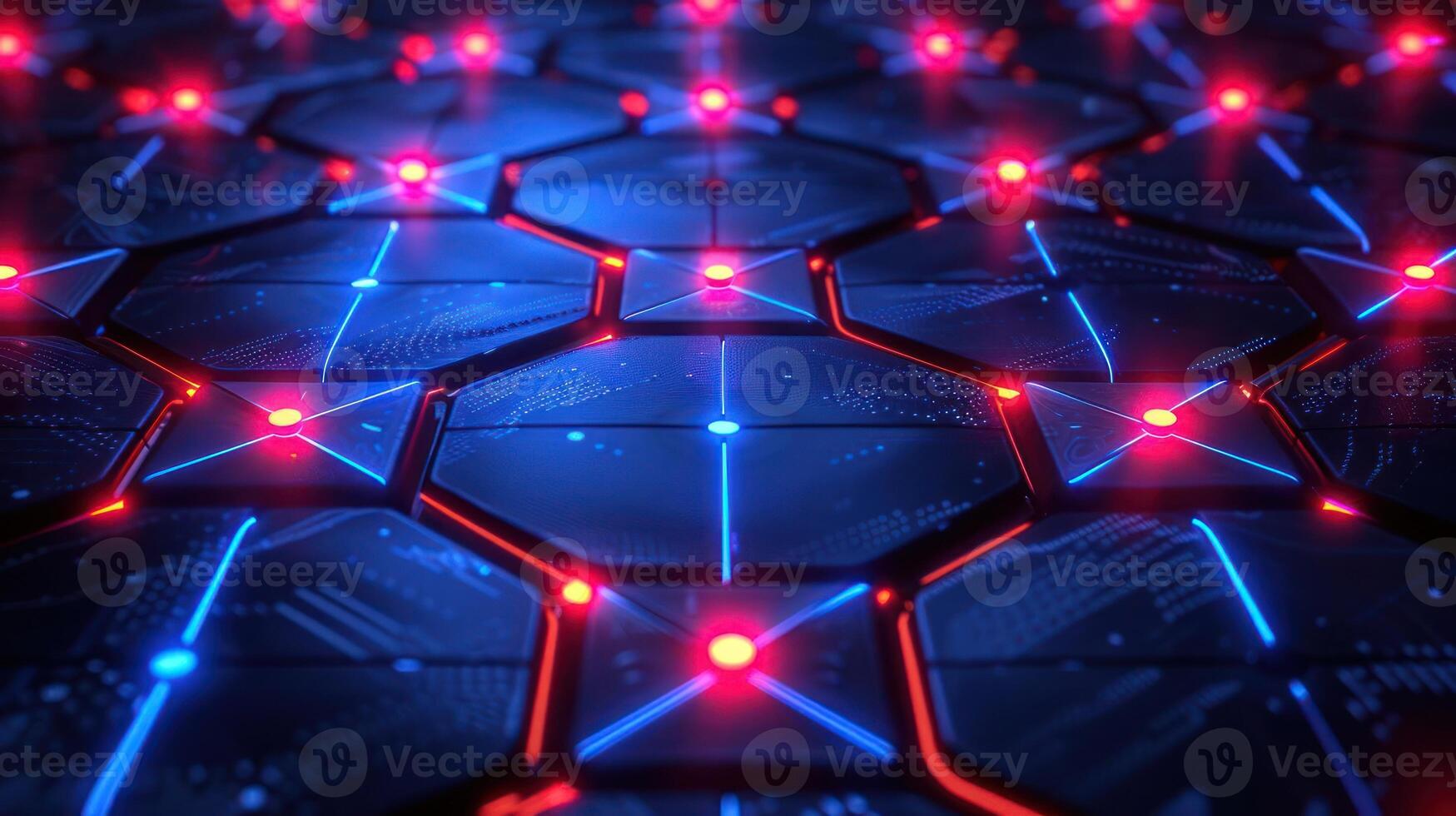 Futuristic hexagonal surface illuminated by vibrant blue and red lights in a digital environment photo