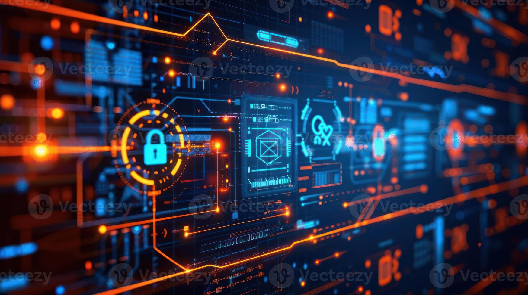 Futuristic digital interface showcasing cybersecurity elements with glowing circuits and icons photo