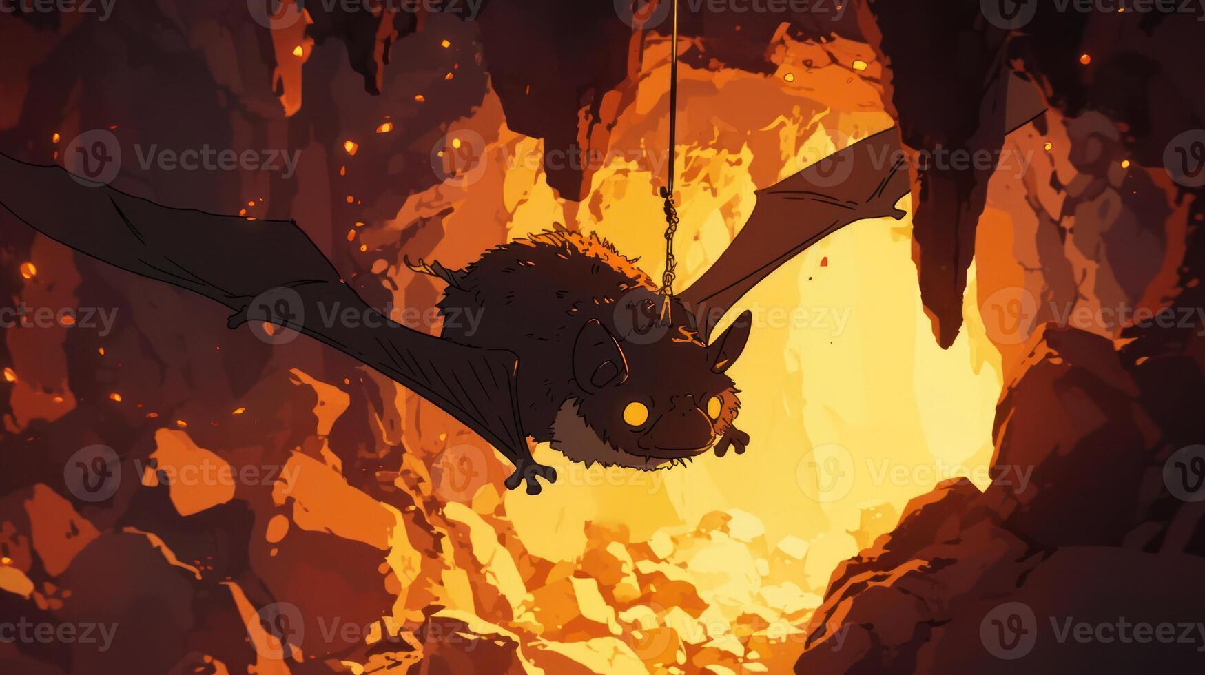A whimsical bat with glowing eyes hangs from a cave ceiling, surrounded by fiery light photo