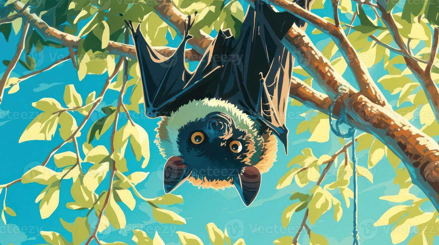 A vibrant illustration of a bat hanging upside down from a tree branch surrounded by lush green leaves photo