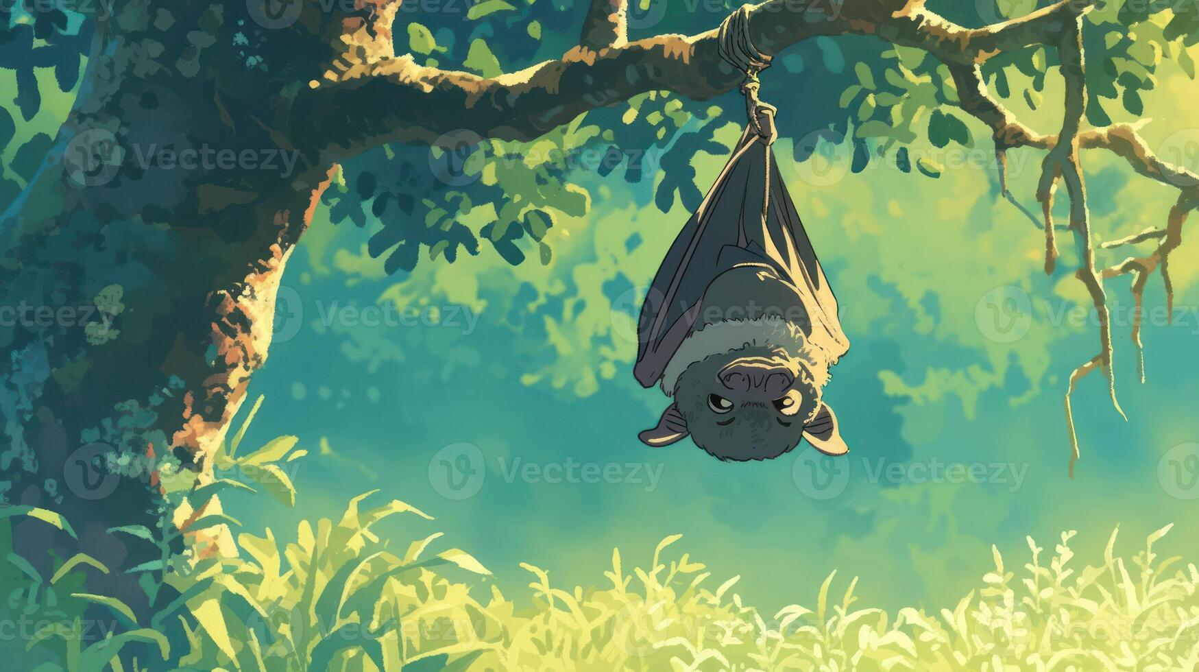A serene scene of a hanging bat in a lush forest, surrounded by vibrant greenery and soft light photo