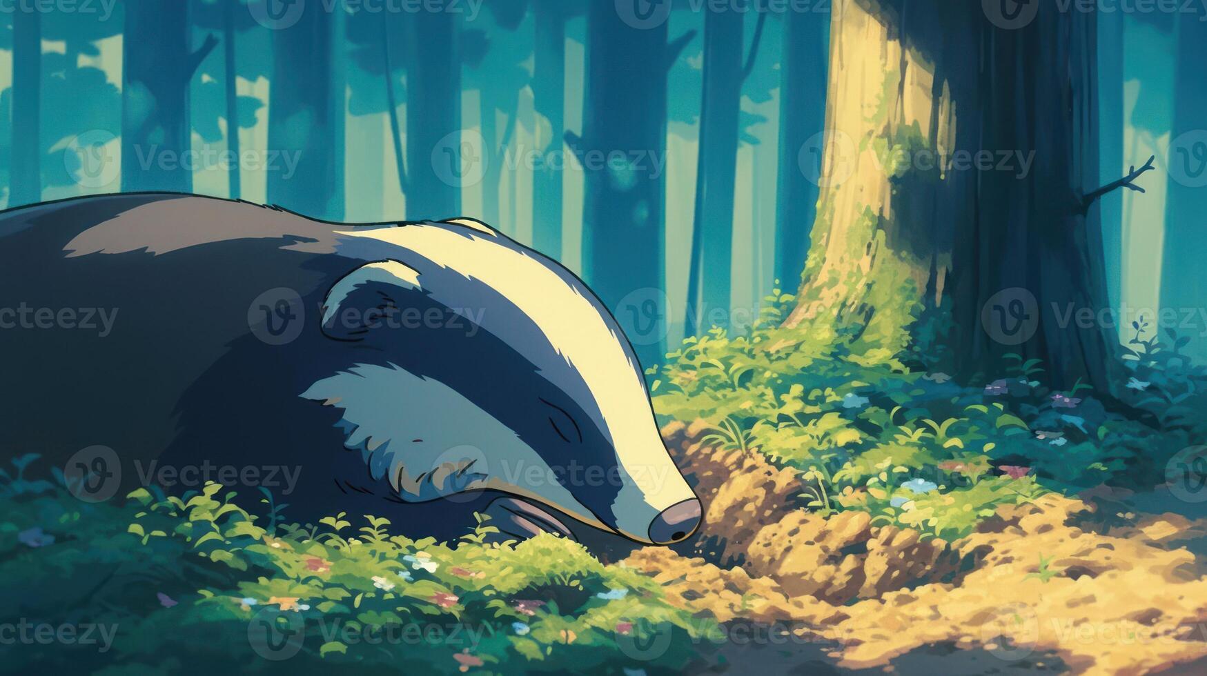 A peaceful badger resting in a vibrant forest, surrounded by blooming flowers and sunlight photo