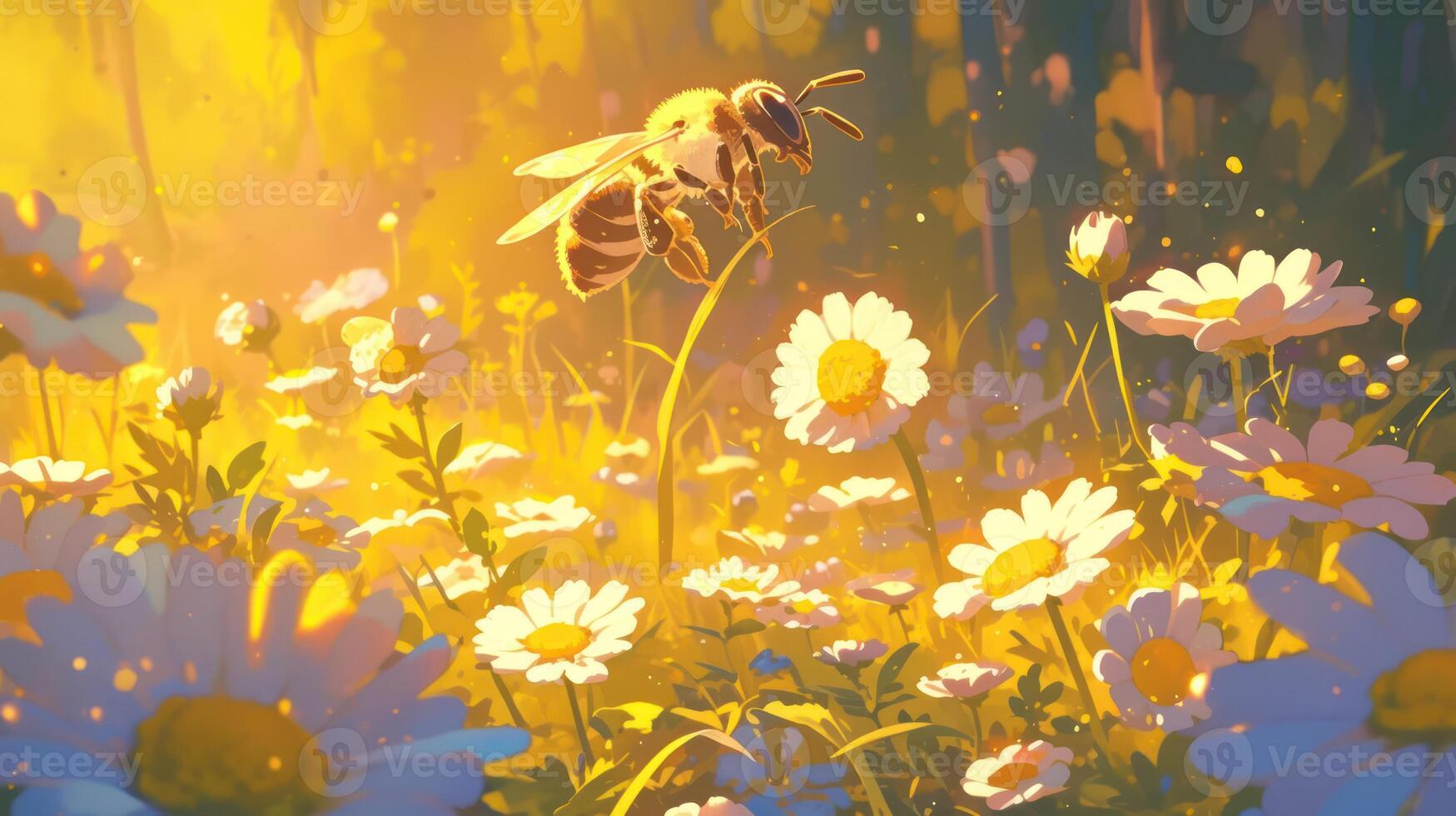 A vibrant bee hovering over a field of daisies in a sunlit meadow during springtime photo