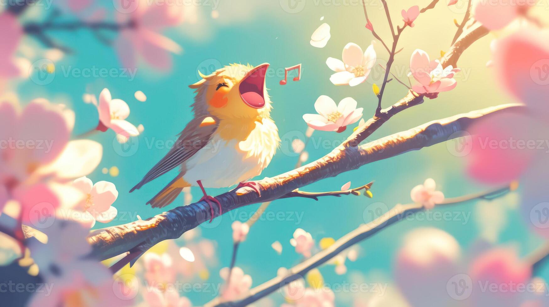 A cheerful bird sings joyfully atop a blossoming branch, surrounded by vibrant spring flowers photo