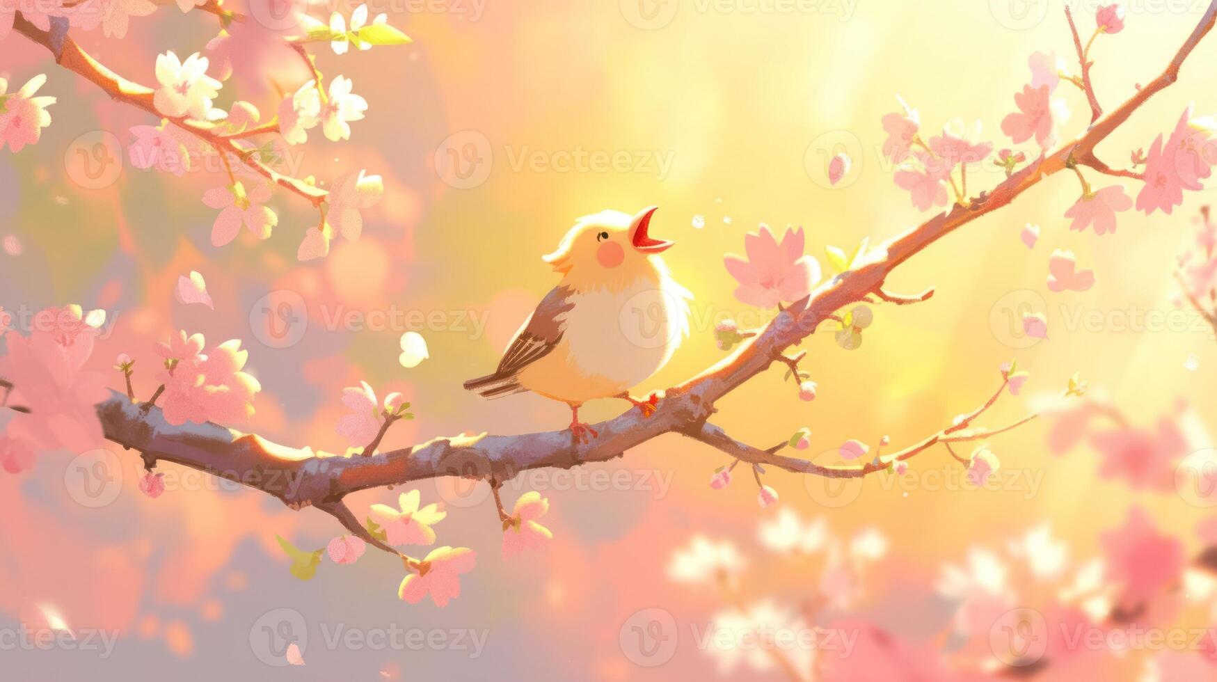 A cheerful bird singing on a blooming cherry blossom branch during a serene sunset photo
