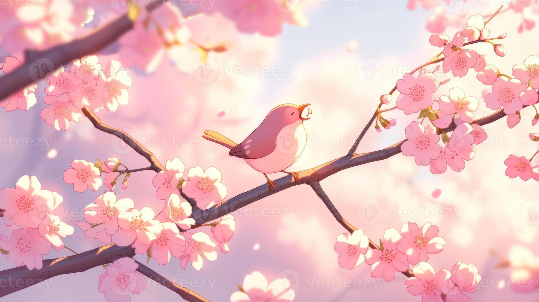 A serene pink landscape featuring a small bird perched on a cherry blossom branch, surrounded by delicate flowers photo