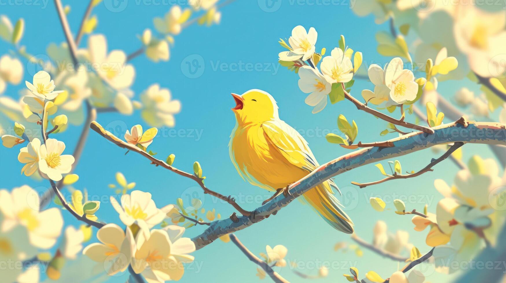 A vibrant yellow bird perched on a blossoming branch, singing joyfully under a clear blue sky photo
