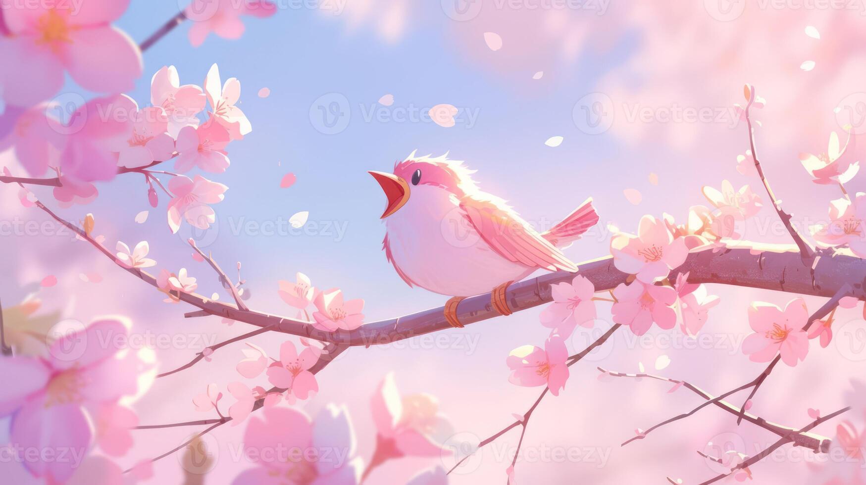 A vibrant pink bird singing amidst blooming cherry blossoms under a pastel sky photo