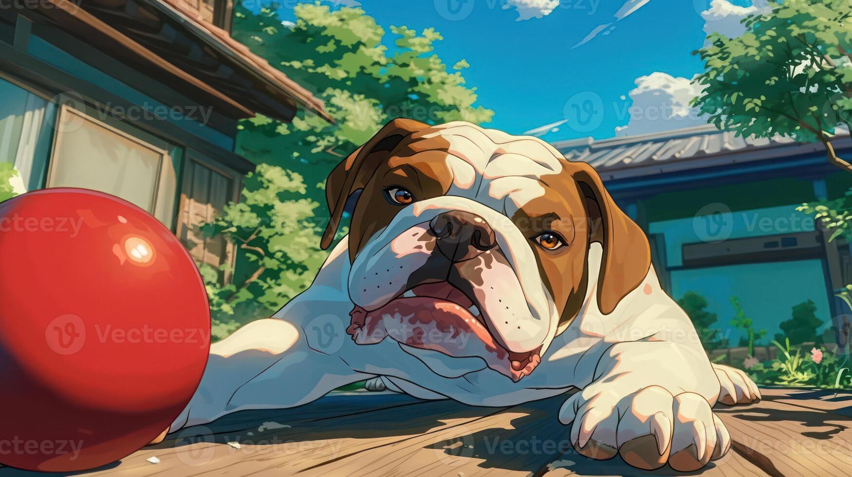 A playful bulldog reaching for a red ball on a sunny day in a vibrant backyard setting photo