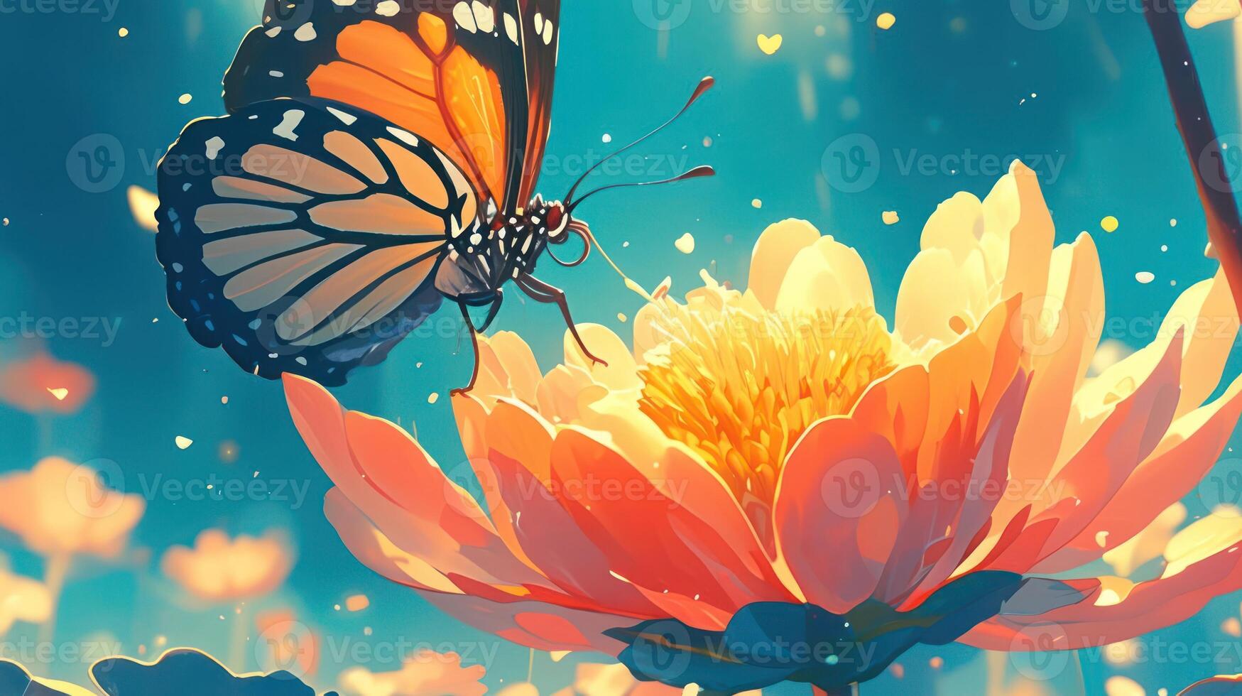 A vibrant butterfly perched on a blooming flower amidst a serene garden setting photo