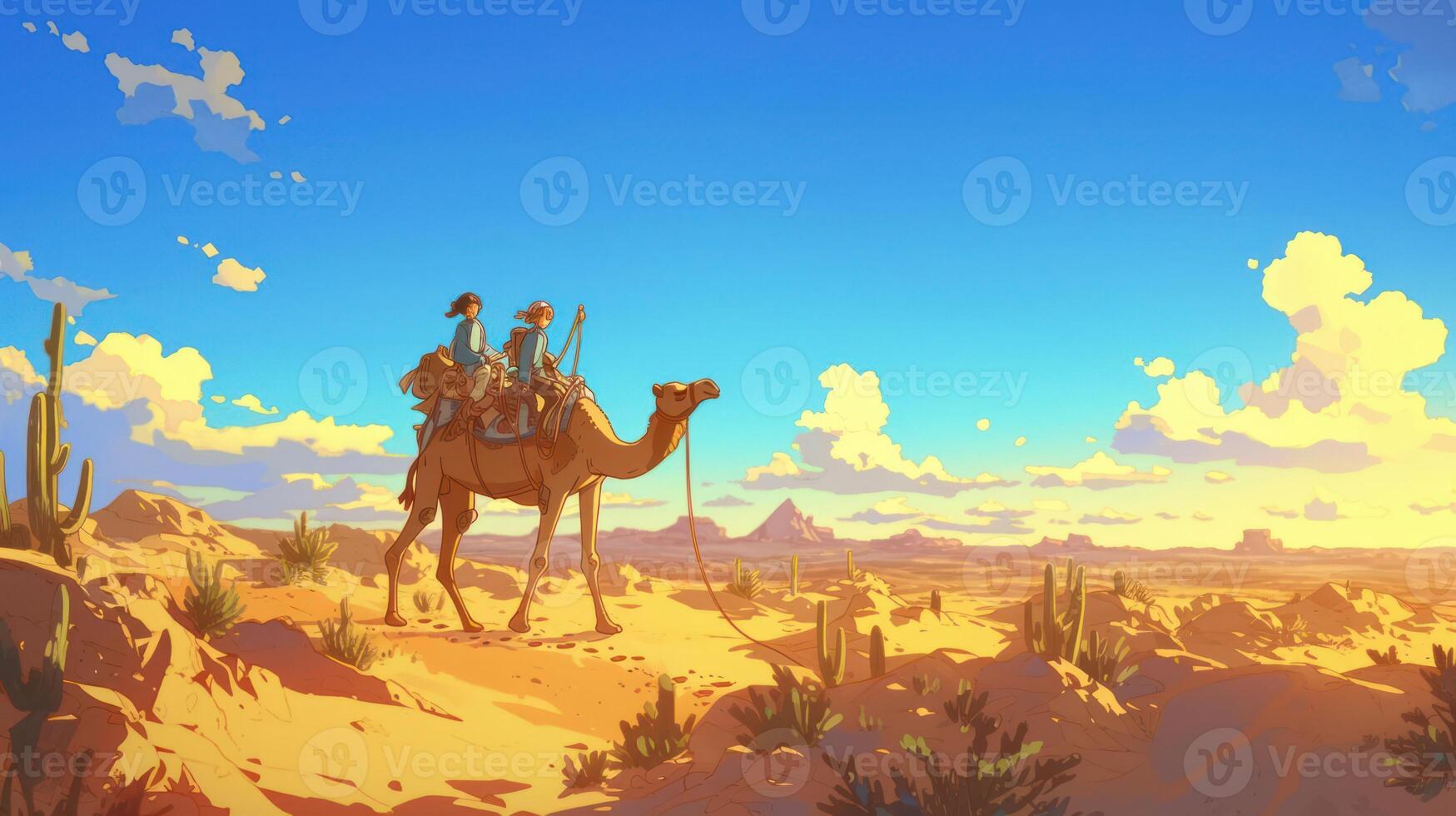 Two travelers riding a camel through a vibrant desert landscape at sunset with distant mountains photo