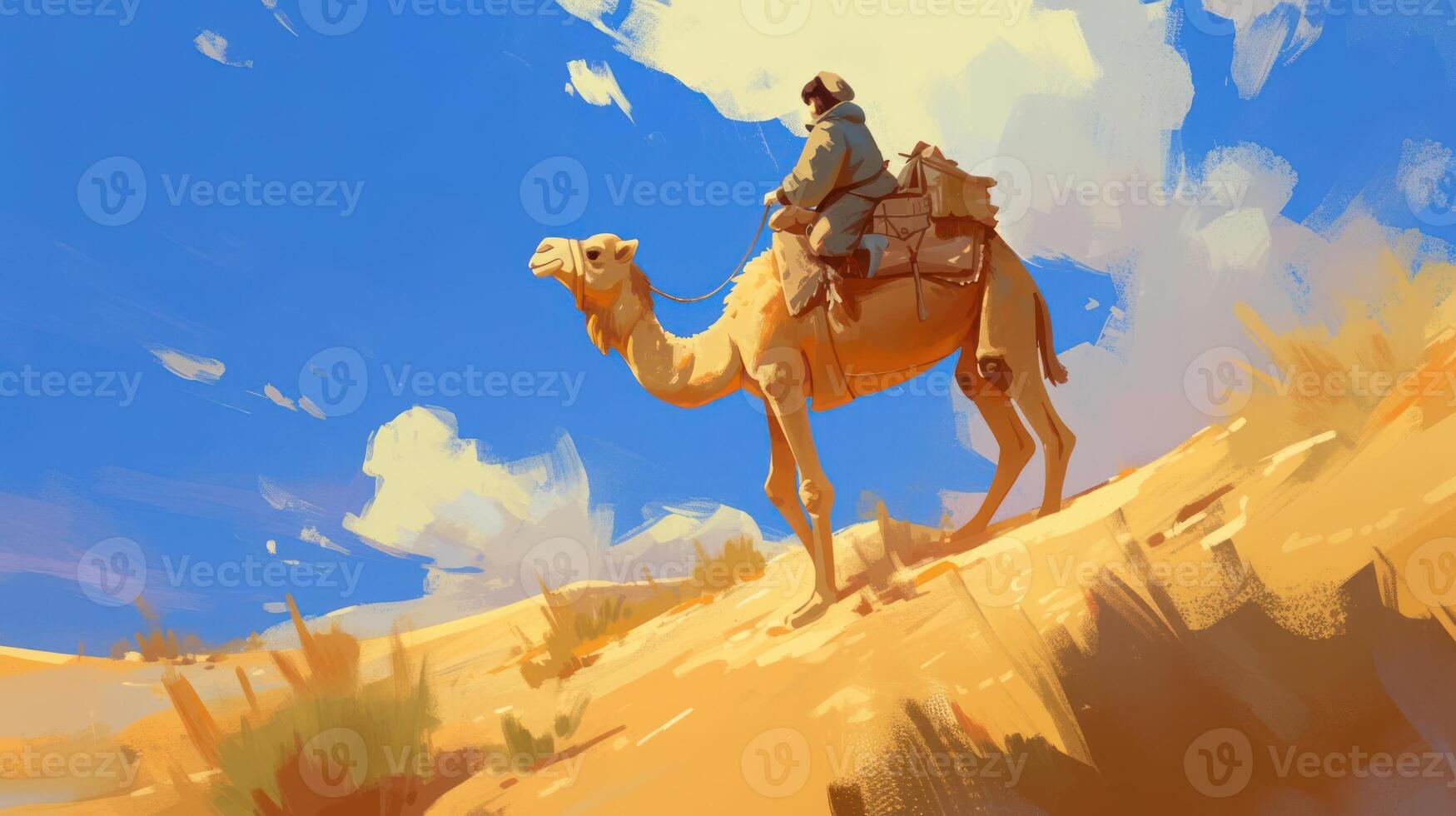 A traveler riding a camel across golden sand dunes under a bright blue sky with clouds photo