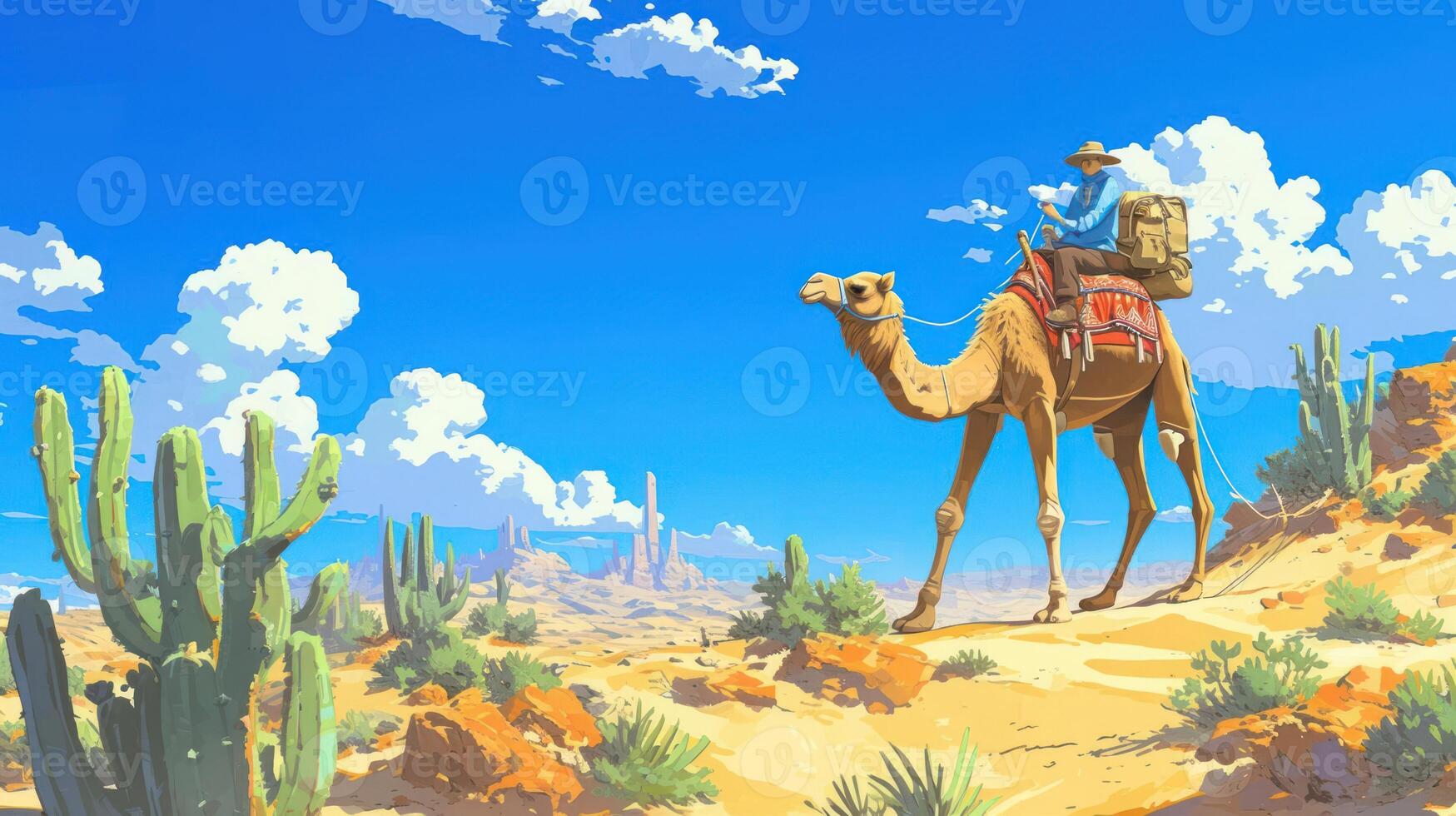 A traveler on a camel traverses a sunlit desert landscape with cacti and distant mountains photo