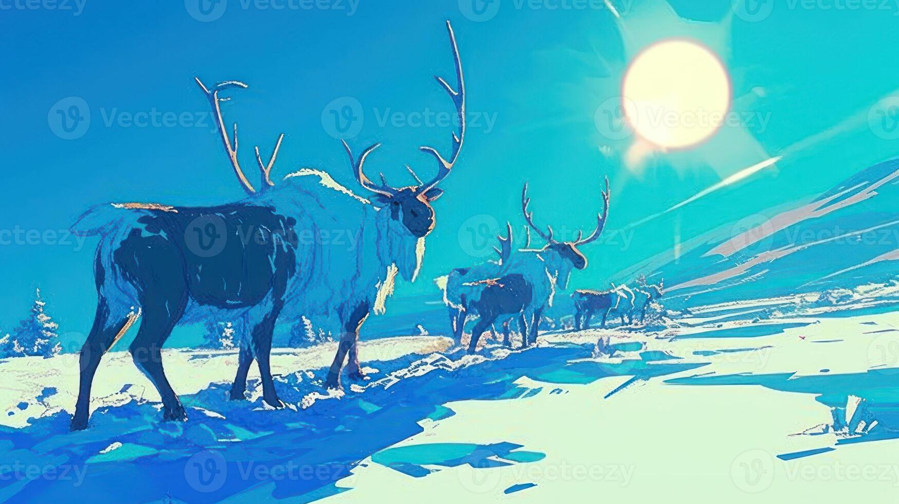 A serene winter landscape featuring a herd of reindeer walking through the snow under a bright sun photo