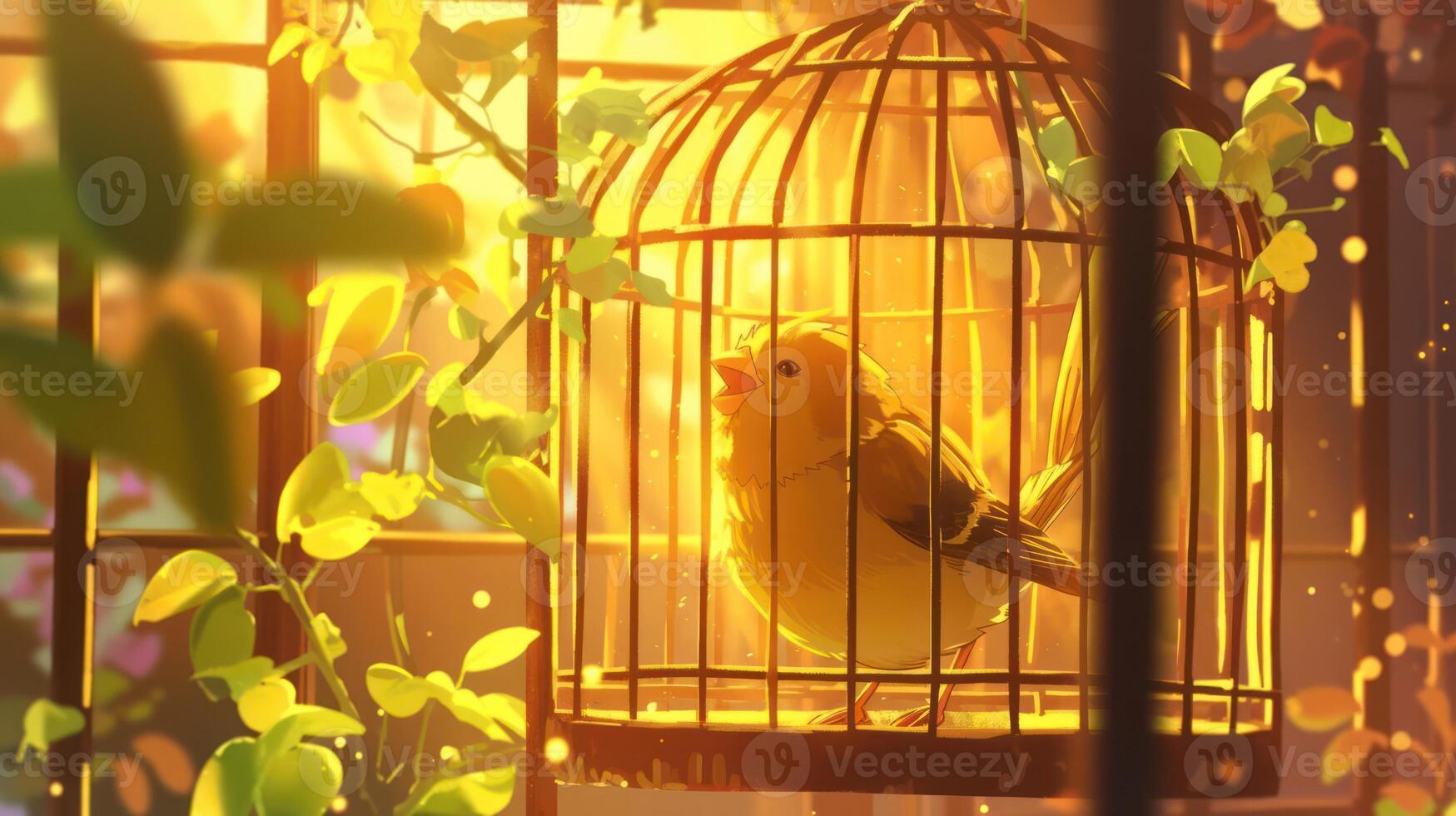 A vibrant yellow canary sings joyfully inside a golden cage, surrounded by lush green vines and warm sunlight photo