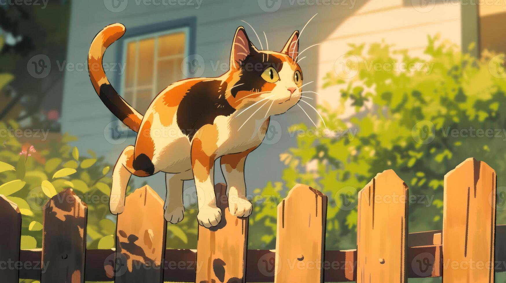 Playful calico cat leaping over a wooden fence in a vibrant garden setting photo