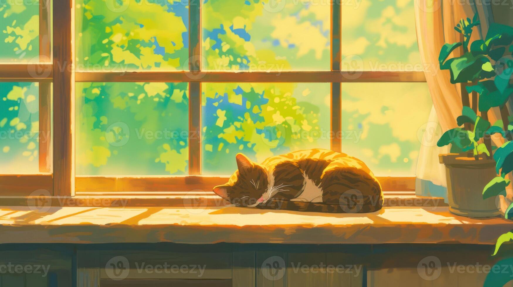 A serene cat peacefully sleeping on a sunlit windowsill, surrounded by greenery and warmth photo