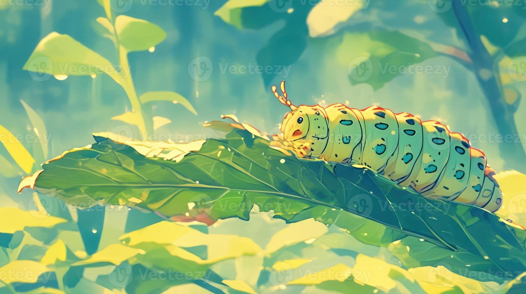 Colorful caterpillar resting on a green leaf in a lush forest, surrounded by soft sunlight photo