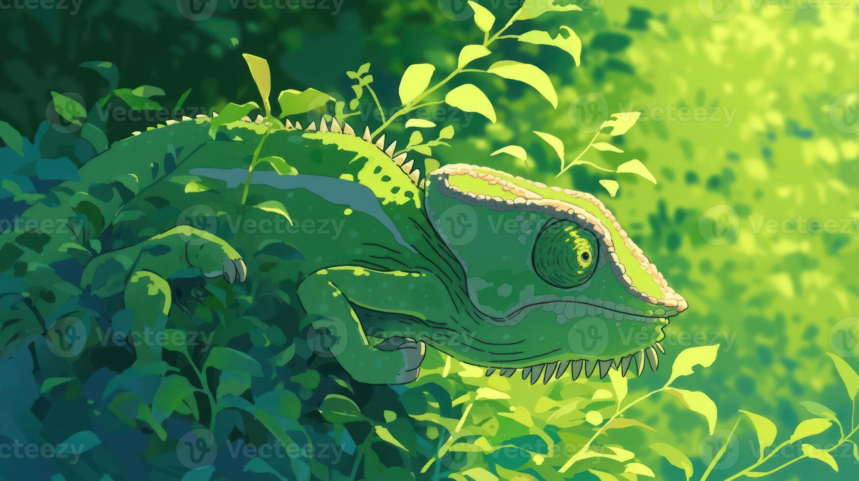 Colorful chameleon blending into lush greenery in a vibrant forest scene photo