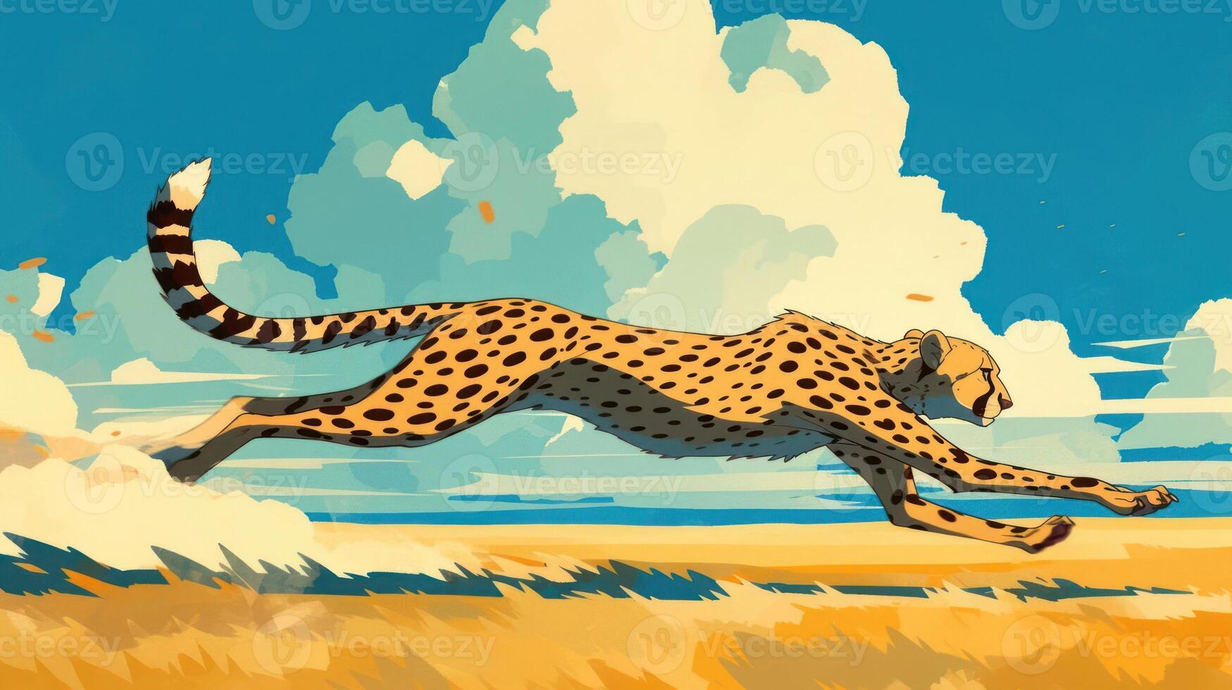 A cheetah sprinting across a golden savanna under a bright blue sky with fluffy clouds photo