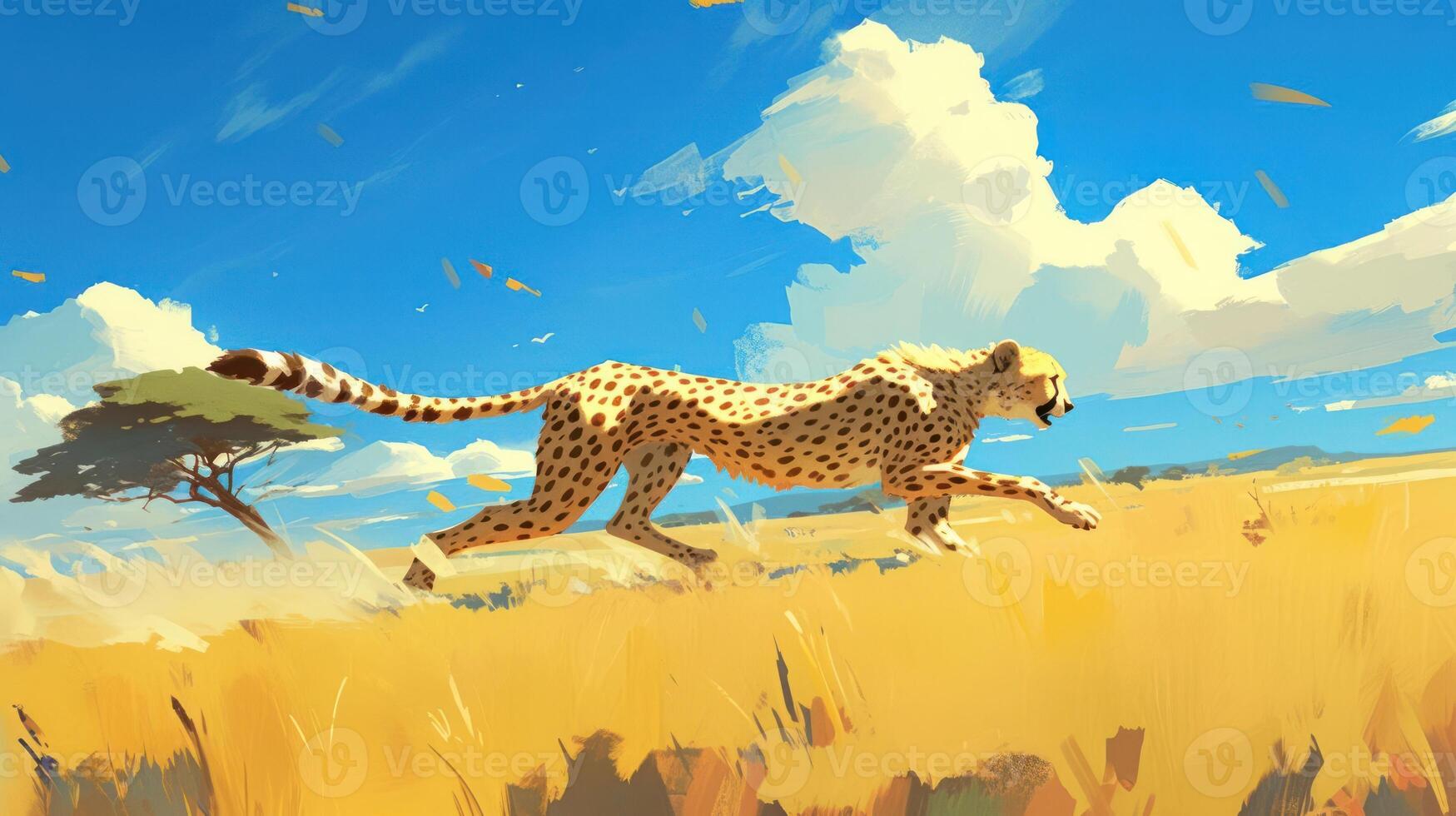 A cheetah sprinting across golden savanna grasslands under a bright blue sky with clouds photo