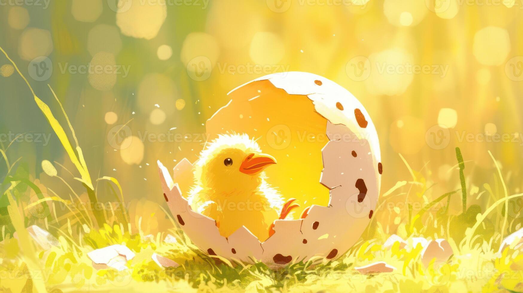 A newly hatched chick emerging from a cracked egg in a sunlit grassy field with bokeh photo