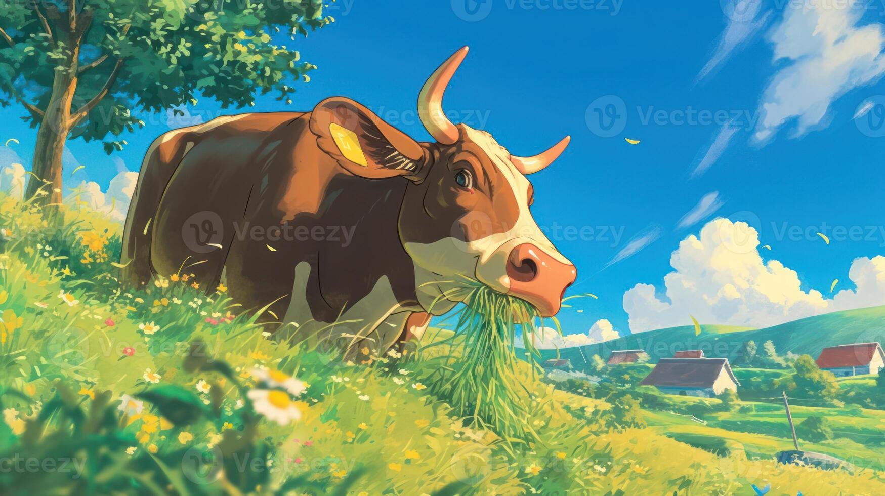 A serene brown cow grazing on lush green grass in a vibrant countryside landscape under a clear blue sky photo