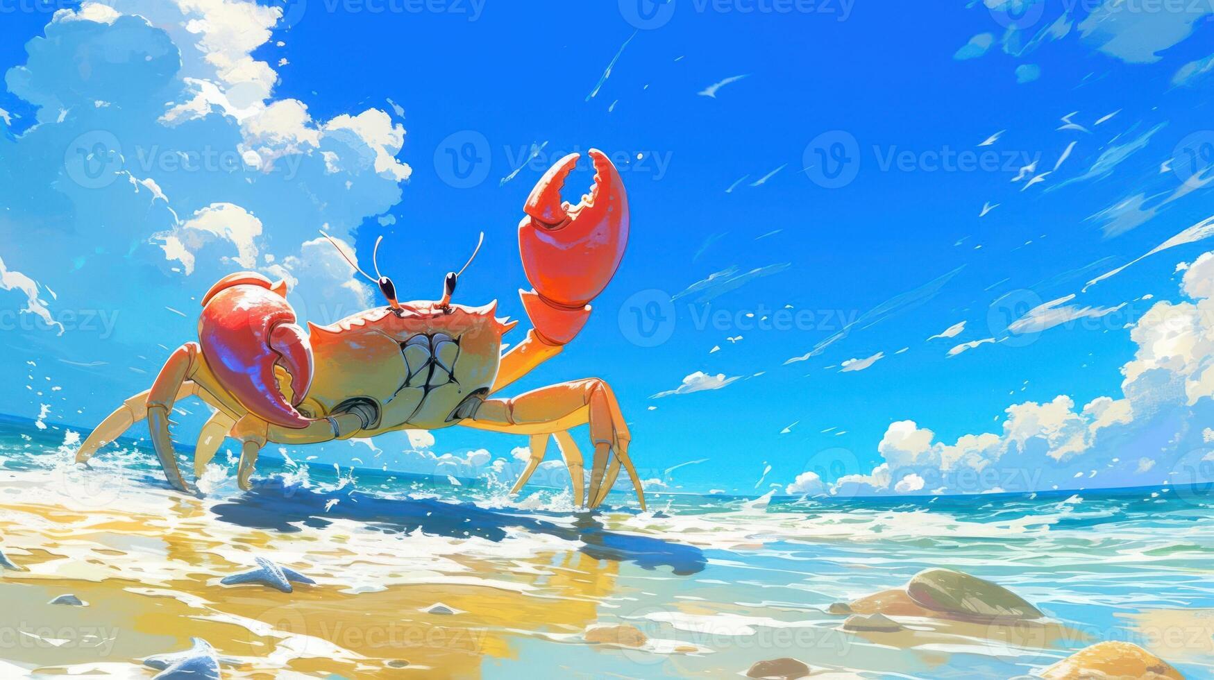 Vibrant crab emerging from the ocean waves on a sunny beach with fluffy clouds above photo