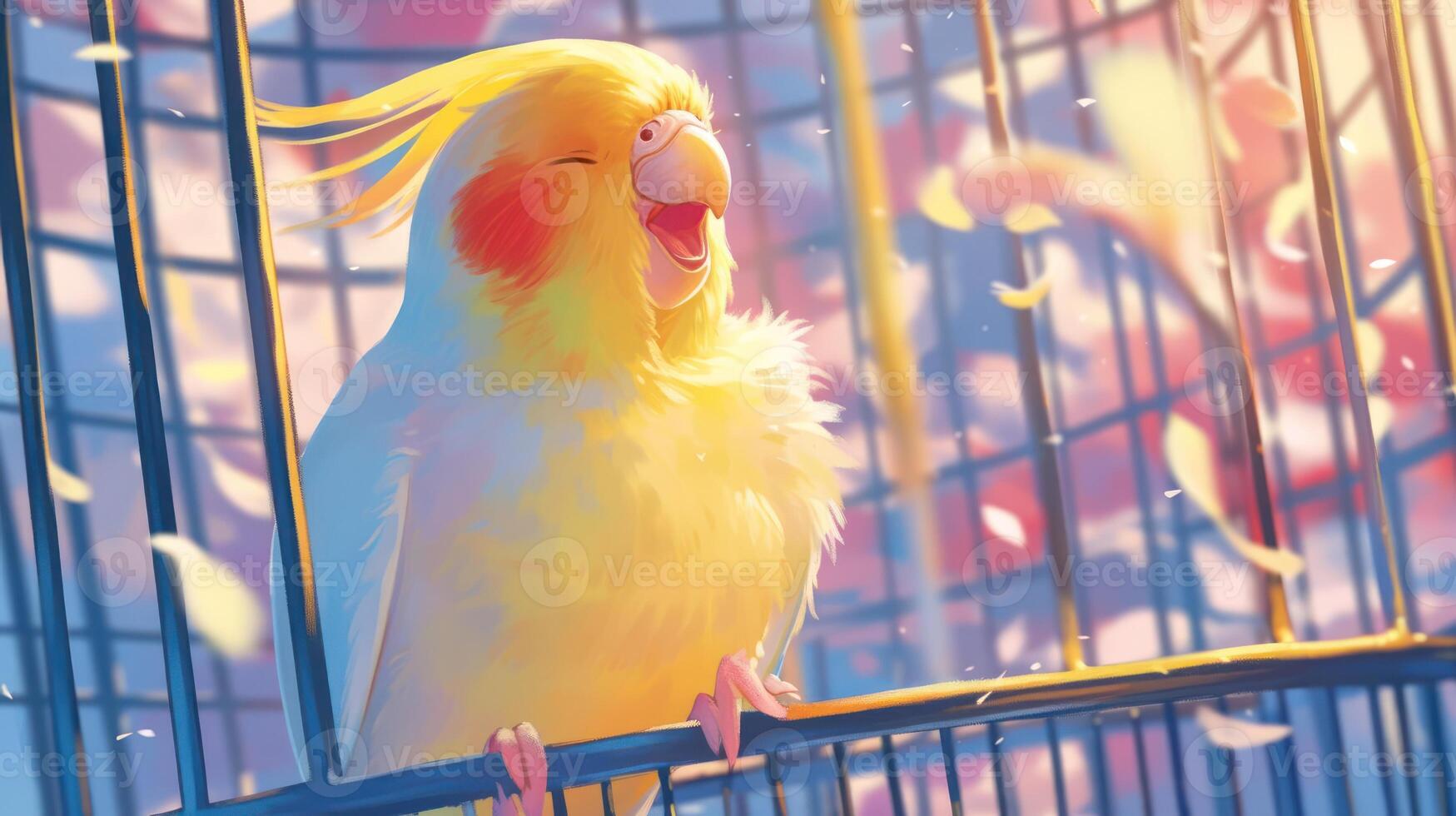 Joyful yellow bird singing in a cage during a colorful sunset with soft petals falling photo
