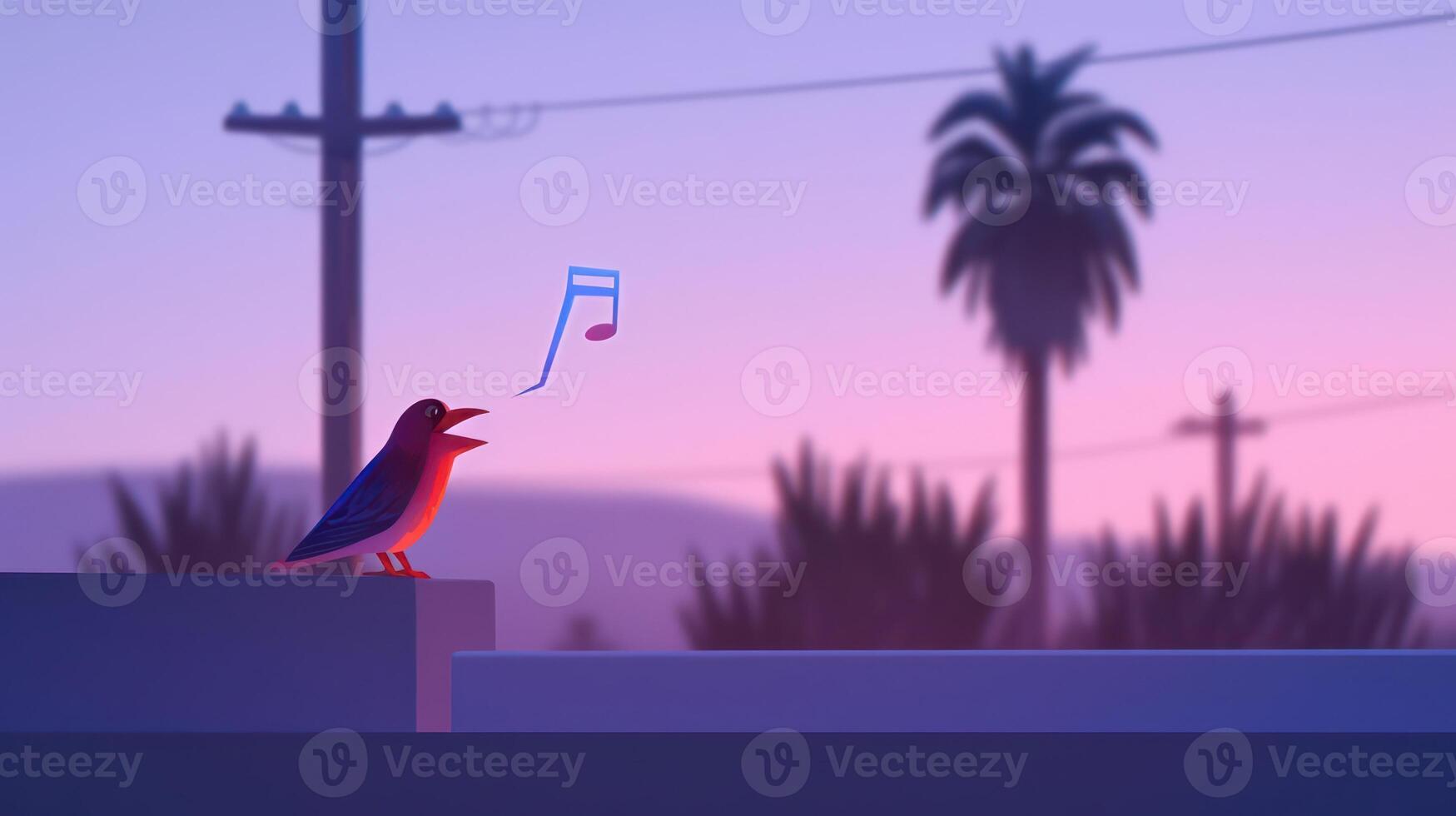Colorful bird singing at sunset on a rooftop with palm trees and power lines in background photo