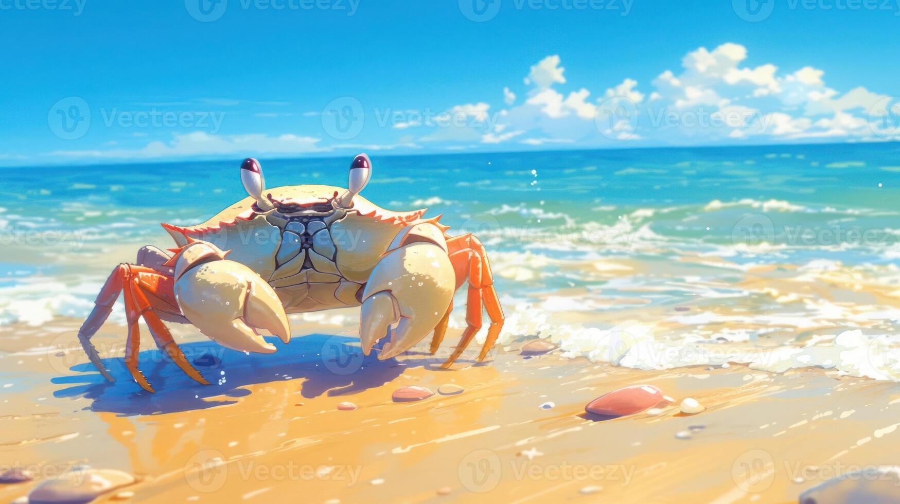 A vibrant crab stands on a sandy beach, waves gently lapping at the shore under a bright sky photo