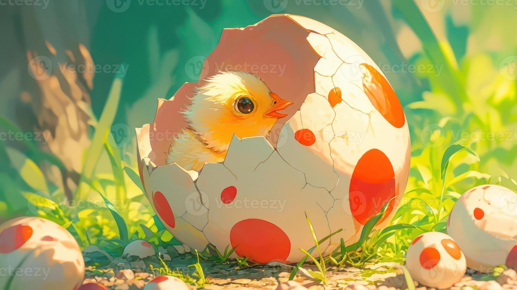 A newly hatched chick peeks out from a cracked egg in a vibrant, sunlit grassy environment photo